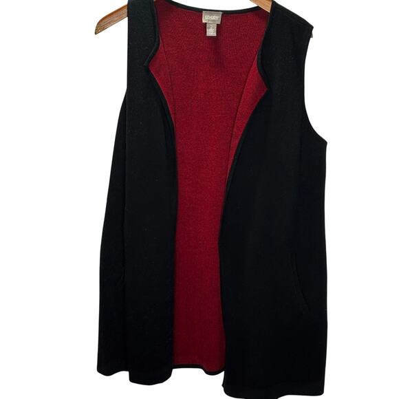 Chico’s Reversible Knit Vest Size 2 (L) Black Red Open Front Sleeveless Pockets - Picture 1 of 5